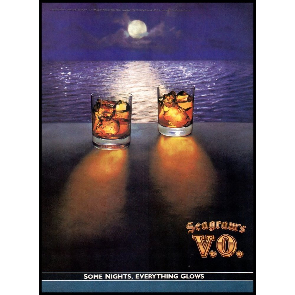 1990 Seagram's V.O. Whisky Vintage Print Ad Rocks Glass Moonlight Ocean Wall Art